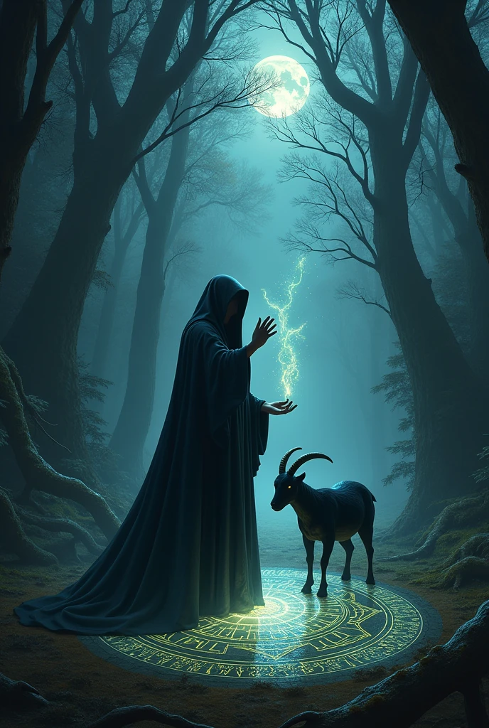 Witch performing ritual with black goat in forest