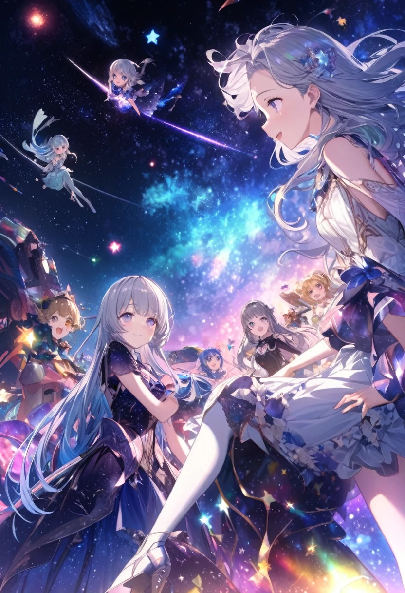 Attention to detail, Very detailed, Ultra-high resolution, Purple eyes，Gray Hair，Girls having fun in fantasy galaxy, Surrounded by stars, A warm light shines on her, The background is a starry sky，There are colorful galaxies and galactic clouds, The stars fly around her, Delicate face, Add some fun , 