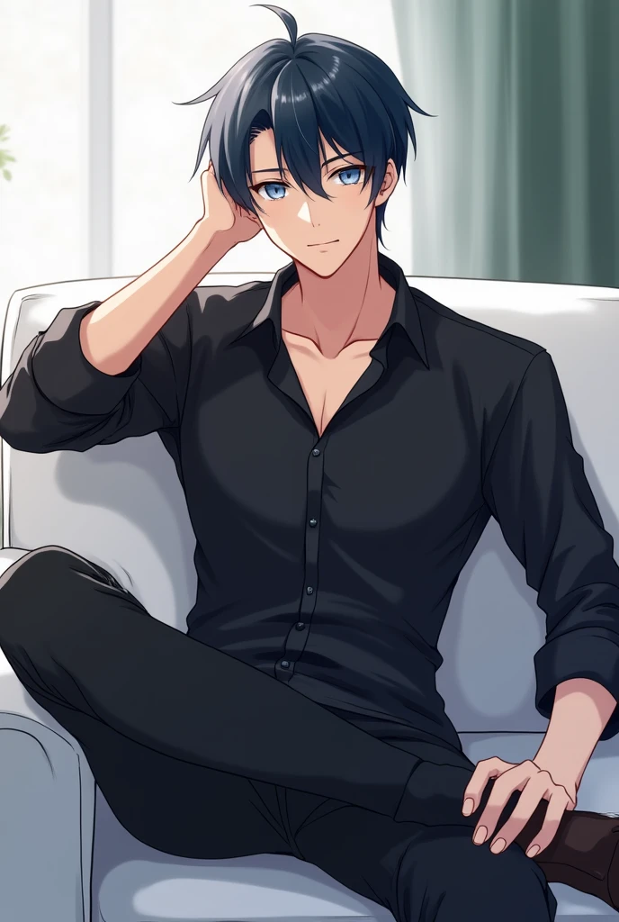 Anime handsome boy wearing black shirt and sitting on white sofa,Dynamic pose,Handsome anime style,blue eyes,High Quality Anime Portraits