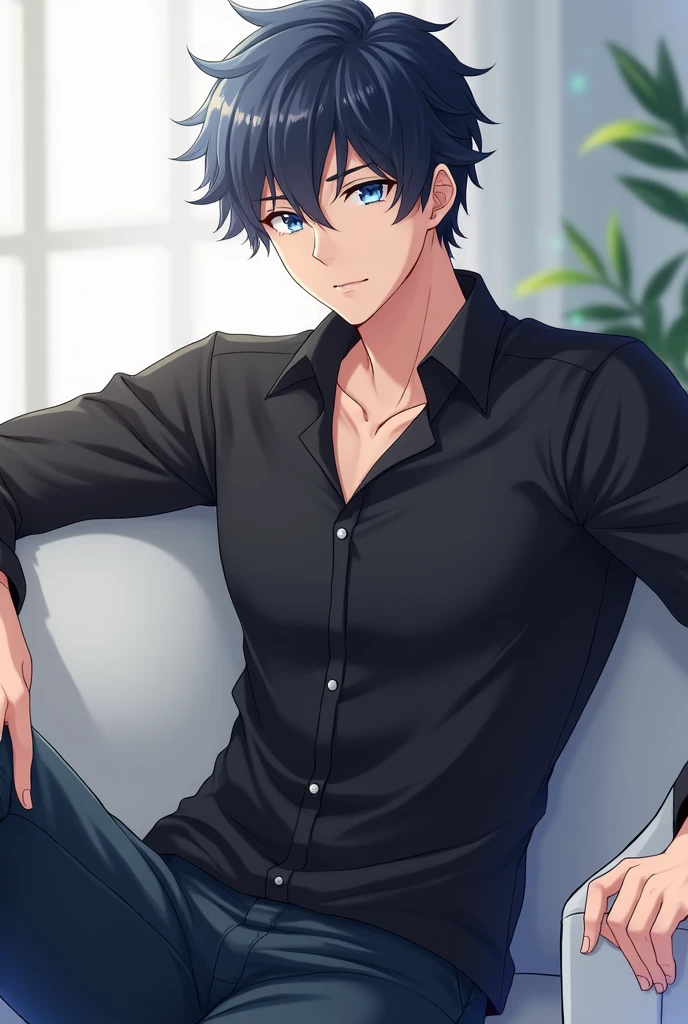 Anime handsome boy wearing black shirt and sitting on white sofa,Dynamic pose，Handsome anime style，blue eyes，High Quality Anime Portraits