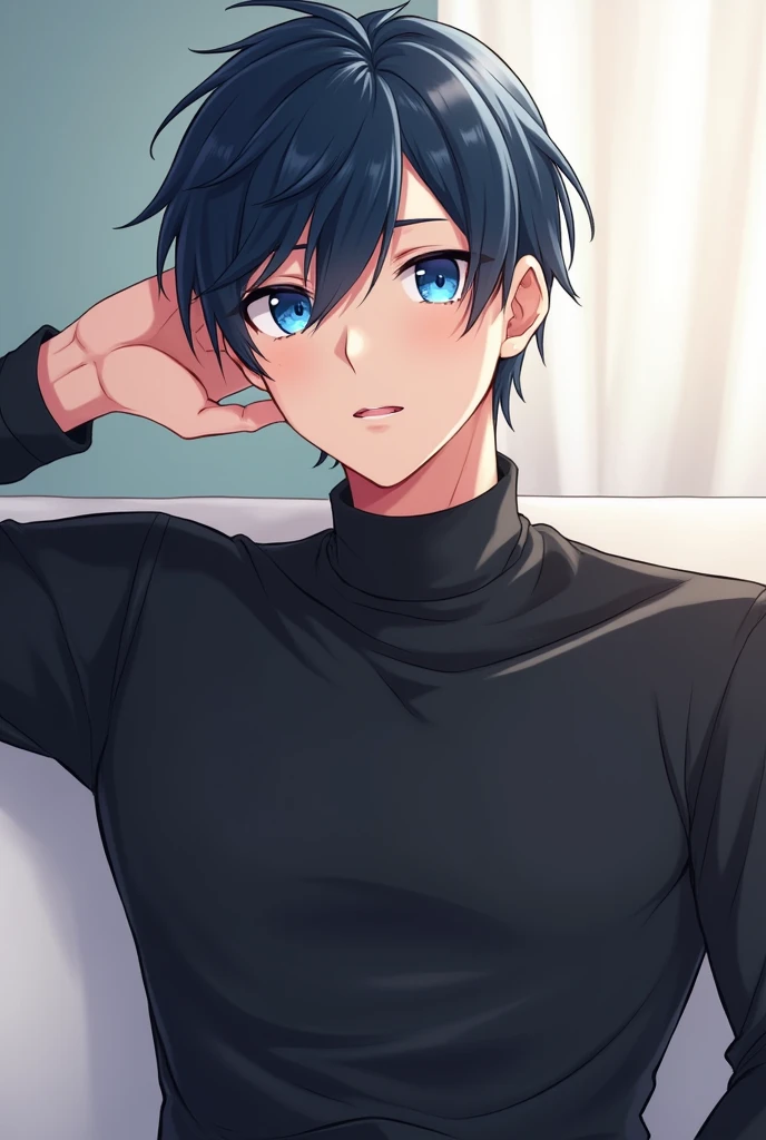 Anime handsome boy wearing black shirt and sitting on white sofa,Dynamic pose，Handsome anime style，blue eyes，High Quality Anime Portraits
