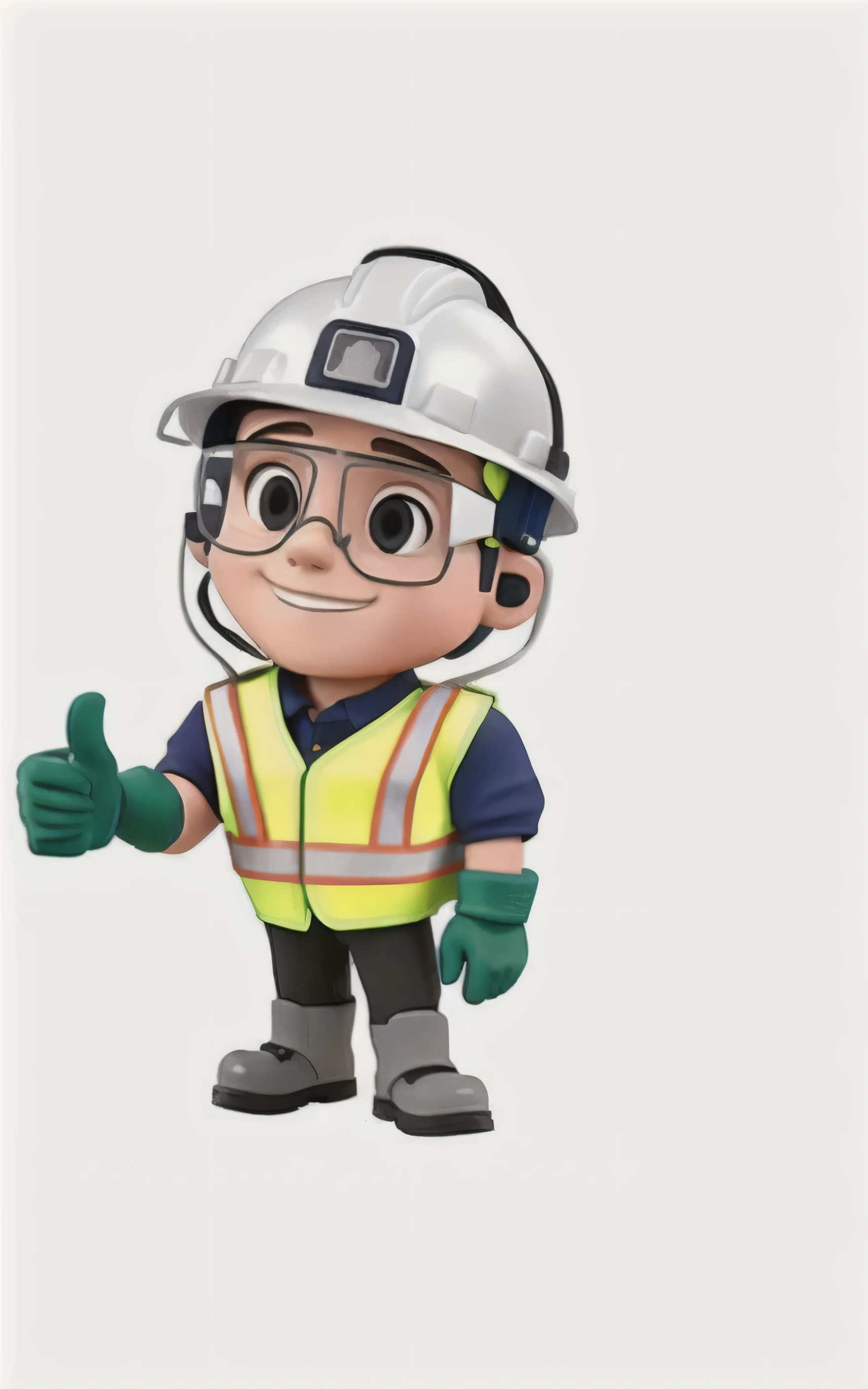 occupational safety technician with colorless safety glasses, ear protectors, helmet written RXR, reflective vest and safety boots