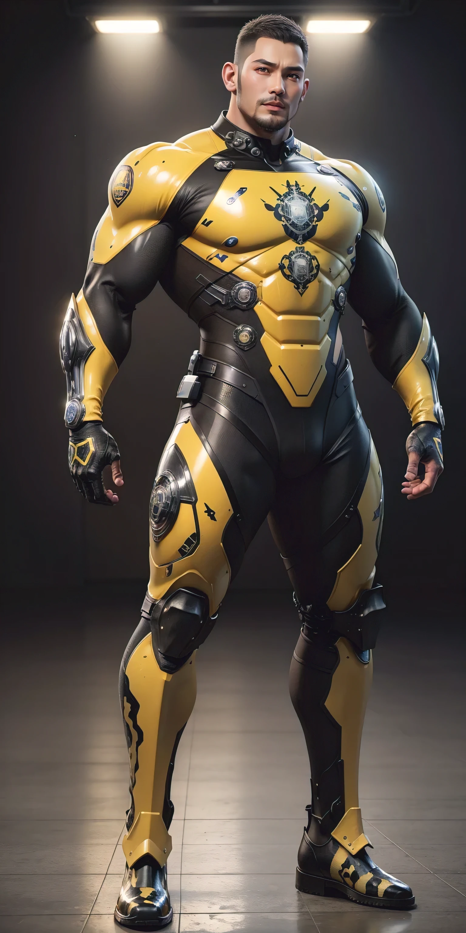 Tall giant muscular police officer, Yellow-gray honeycomb network pattern nano mecha, he'Wearing a mechanical helmet, honeycomb pattern, Lightweight texture, character concept(Resident Evil - chris redfield, chris redfield)senior police officer, small grid texture, regular symmetrical texture pattern, heroic male pose, tall burly, muscular!Charming leg muscles, High, burly, heqiang, Super gain and cool, high resolution committee, Yellow-gray ultra-thin nano mechanical boots suitable for big feet, Charming strong man, The bright sunshine is shining on you, matte particles, shiny texture