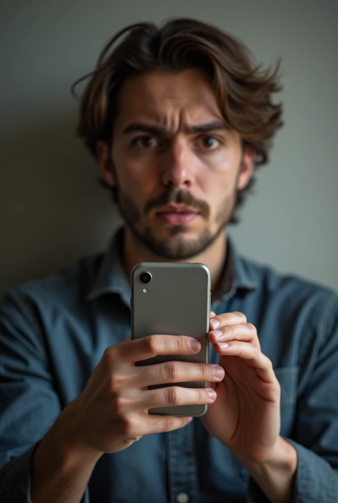 person confused and shocked holding camera of phone towards camera