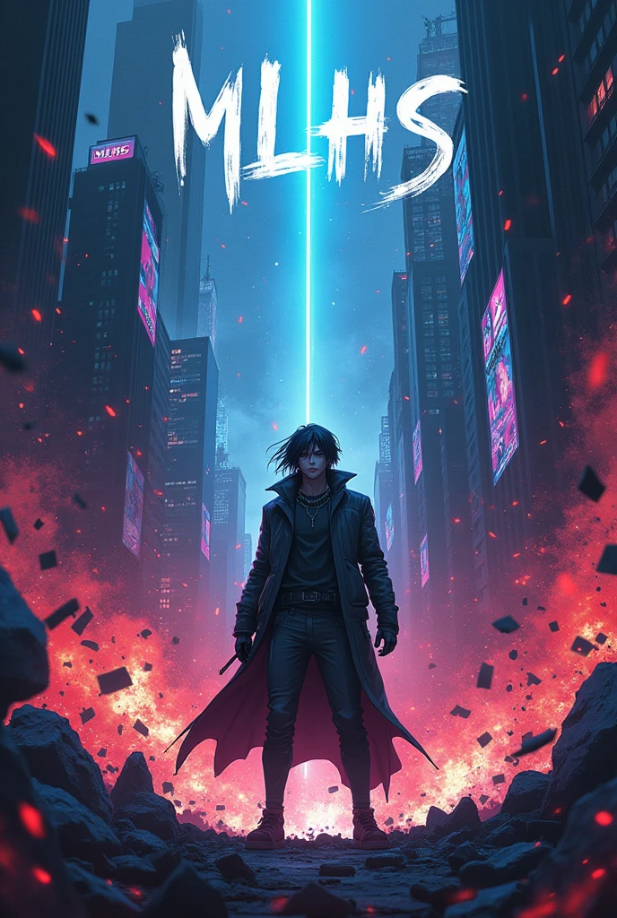 Make an epic anime cover poster with the title MLHS, explosions, dystopian, anime, manga, cyberpunk, violent, single character