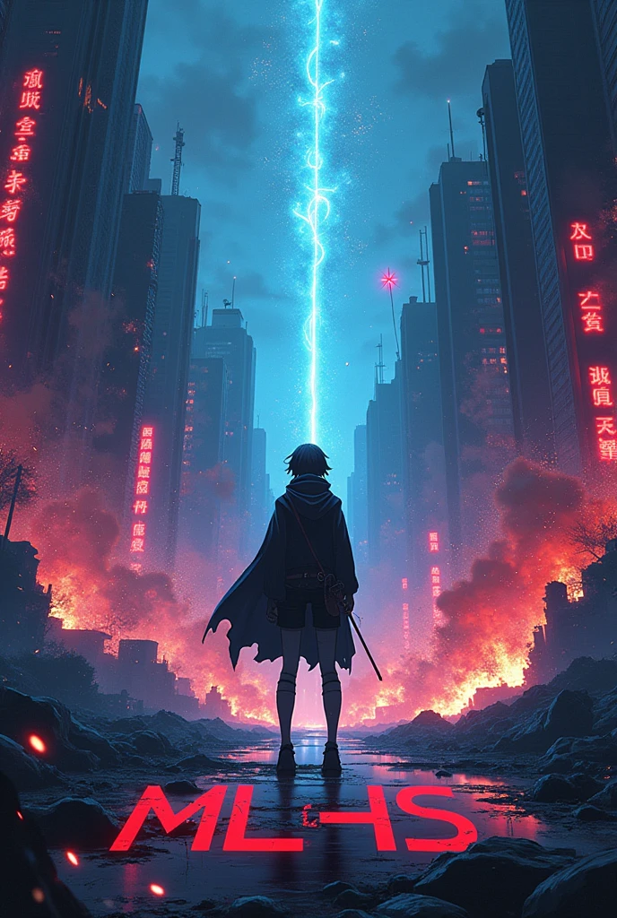 Make an epic anime cover poster with the title MLHS, explosions, dystopian, anime, manga, cyberpunk, violent, single character