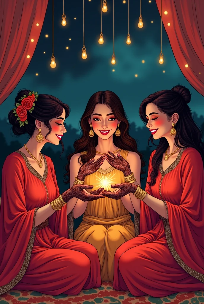 Mendhi night illustration , women sit and show her hands with mendhi with her red dress 