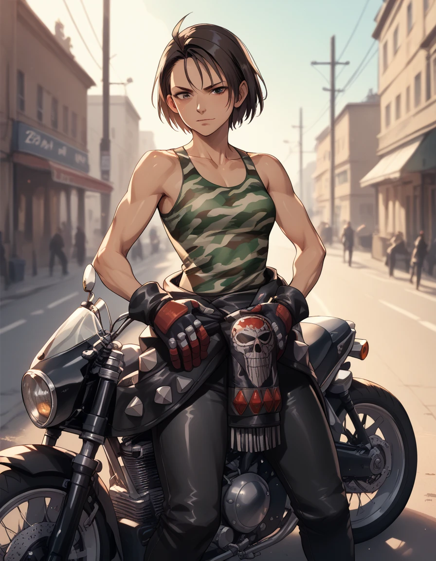 score_9,  score_8_up, score_7_up rskzm, camouflage tank top, jacket around waist, bare arms, leather pants, gloves,
confident, motorcycle, outdoors