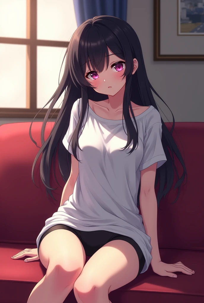 A  girl, in the anime style of Tu love ru. 

Her Appearance: she has long dark hair with bangs,Serene and seductive eyes in Shocking Pink,Light skin color and she has a mole below her left eye. 

She is wearing only a White T-Shirt Size XL, a pair of black socks and black panties. 

She is on top of a sofa in a stoic position..

The expression on her face is very mischievous..