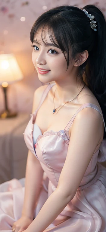 Beautiful, cute , 17 Years lolita Girl, blue eyes, high ponytail hair, black hair, hair ornaments, wearing sexy pink mini kebaya dress, micro skirt, Rounded medium Breast, cleavage cutout, slightly Chubby , luxury necklace, White Skin, Smiling, bedroom Background, full body portrait, high heels, Perfect Potrait, Bokeh Effect, Look at Viewer, Armpit, Perfect Eye, Perfect Hand, Perfect Finger, Bracelet, Ring, ((adorable:1.2)), ((masterpiece:1.1)), ((bokeh:1.2)), two girl kissing,,(bright lighting,romantic setting),dreamy background,,dark hair, mesmerizing gaze, , soft skin, alluring beauty, artistic portrait, high-quality image, vibrant colors,translucent long silk gown, mosquito net, lying down, romantic bedroom,bondage 