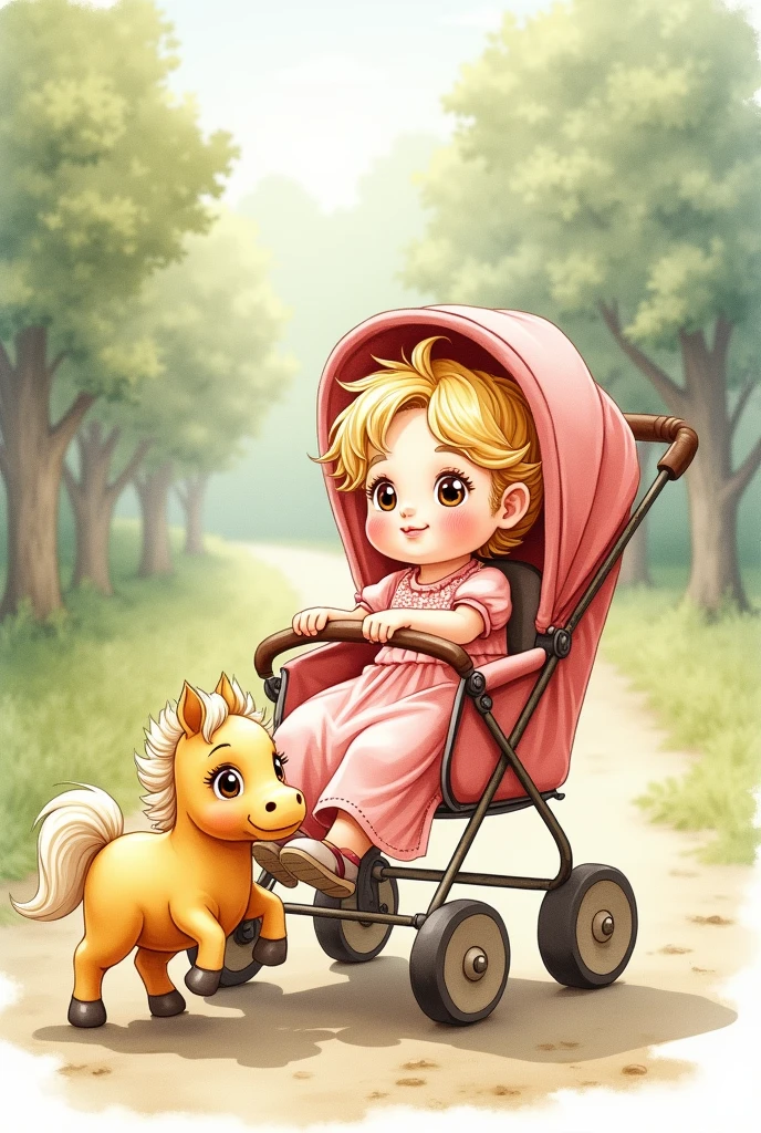 Blonde baby girl, Brown eyes, in a pink dress in a stroller with a light yellow horse, white mane stuffed animal vintage watercolor illustration