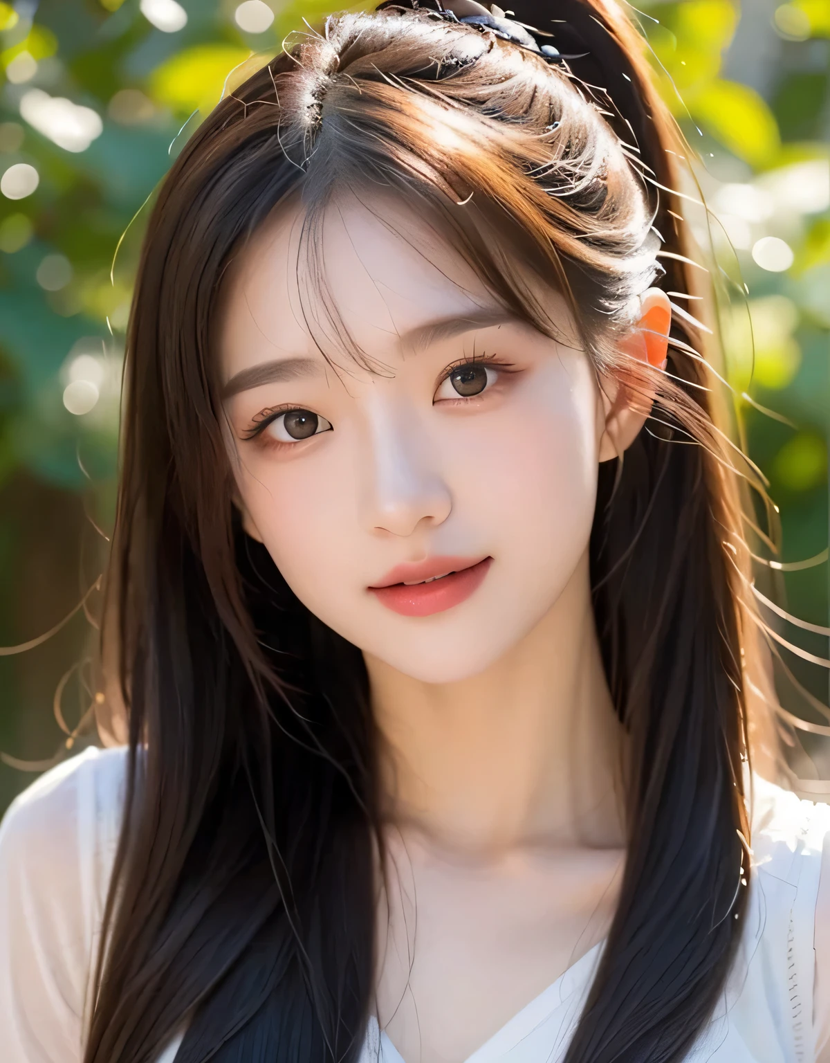 nitty gritty, High resolution, high quality、Perfect dynamic composition, beautiful and delicate eyes, Medium long hair, 、natural lip color,、20 year old girl、1 person、The skin is delicate、Sweet smile ,on the table, 最high quality, shape, Super detailed, nitty gritty, High resolution, 8k、The correct state of the human body、Please strike a cute pose,ponytail,,perfect beautiful face, Idol face,There is a feeling of ecstasy on the face,Light red knitted dress,full-body shot, Outdoors in the forest