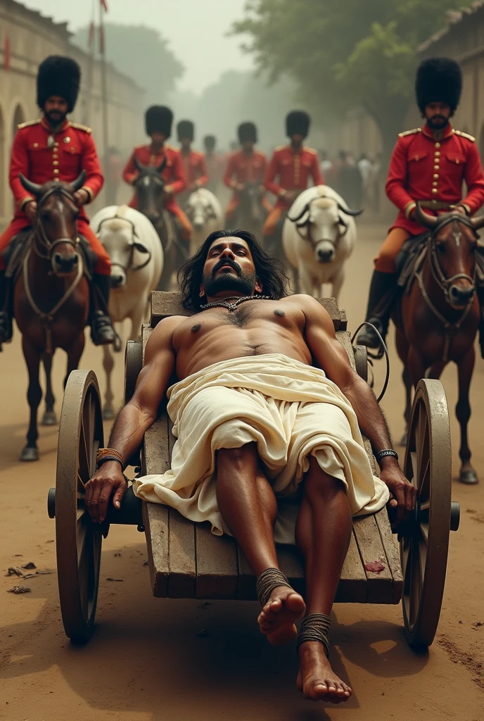 18th century big moustached 40 year old Indian man in brown complextion without shit wearing a cotton dhothi with musket wounds in dead condition is laying on a wooden cannon cart wheel is being pulled by two white Indian bulls. British East India horsemen in red uniform are following the cart in their horses