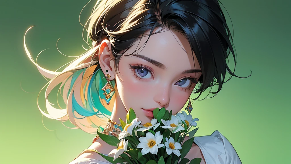 32K, 最高quality, 最高masterpiece, (ultra-Detailed Background, Detailed Background), High resolution, Super detailed, Very detailedな, One girl, (bouquet:1.3), (Tangled:1.2), (Geometric:1.2),(colorful),(masterpiece, quality, best quality, Official Art, Beautiful and beautiful:1.2), (1 girl:1.3), Very detailed,(colorful:1.1)(Flowers:1.3),Most detailed,(Tangled:1.2), whole body, (Abstract background:1.3), (Skin glows), (Many colors:1.4), ,(Earrings Jewelry:1.5), Light green background,