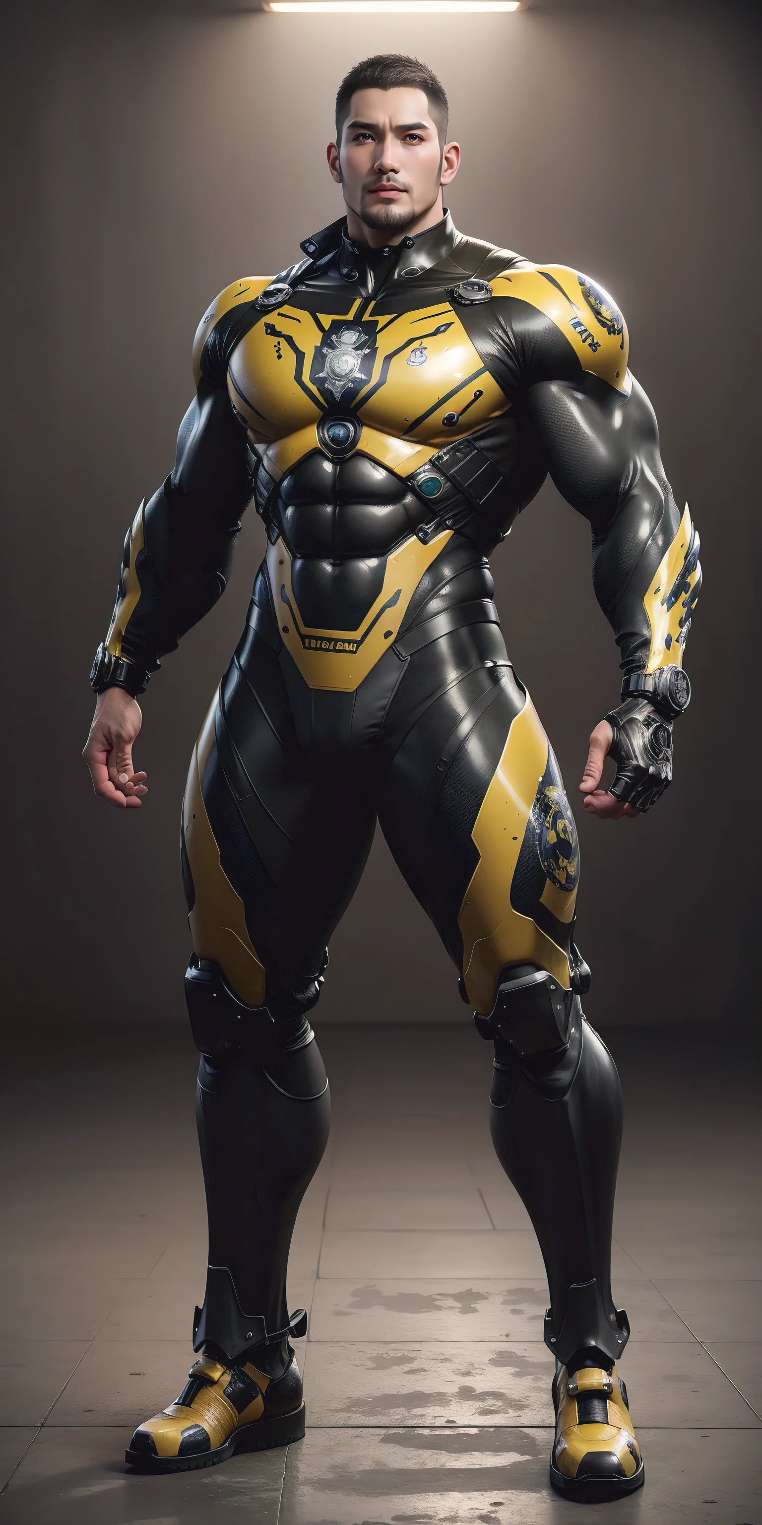 Tall giant muscular police officer，Yellow and black camouflage patterned nano mecha，Honeycomb pattern，Lightweight texture，Character Concept（Resident Evil - Chris Redfield，Chris Redfield）senior police officer，Small grid texture，Regular symmetrical texture pattern，Sad expression，Deep and charming eyes，Standing in a bright mechanical laboratory，Emerald Eyes Hero，Heroic male pose，Tall burly，muscular！Attractive leg muscles，High target, Burly, Heqiang，  Super Buff and Coolness， High Resolution Committee， Bigfoot yellow-gray ultra-thin nano-mechanical boots，Charismatic strongman，The bright sunshine shines on you，Matte particles，Shiny texture