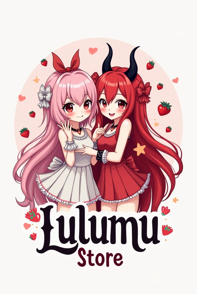 Create a small logo of a store called "Lulumu Store" with white colors, rosa , red, black and have a girl dressed as a ta with pastel pink hair , fresitas dibujadas alrededor que tenga una pose tierna y añade otra chica sucubo vestida de red muy sexy pero tierna con cabello negro con una pose provocativa