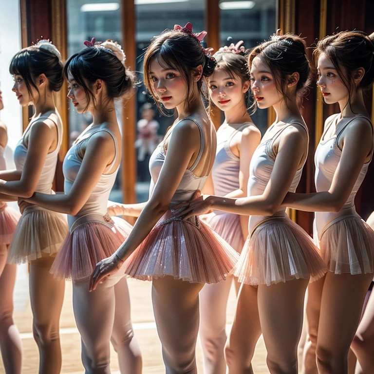 SFW, ExtremelyDetailed (((Kawaii Ballet Girls Group in a row:1.4))), Childish perfect face, Reflective Eyes, Detailed(Delicate Clothing textures), Corrected Leg to Foot Line, Corrected Childish Hand, Dynamic Joyful Expressions LifeLike Rendering, ((Specular Reflection:0.8)), TopQuality 8K Ultra-detailed masterpiece (ProfessionalPhoto:1.37)(Acutance:0.8),(Luminism:1.28), Tyndall Effect, (Muscle:-0.5), facing away (from side ) (Clearly visible Beautiful hip shape)