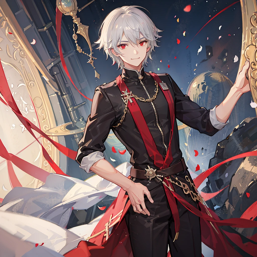 solo, Gray Hair, Red eyes, smile, Anime Style, male, Short Hair