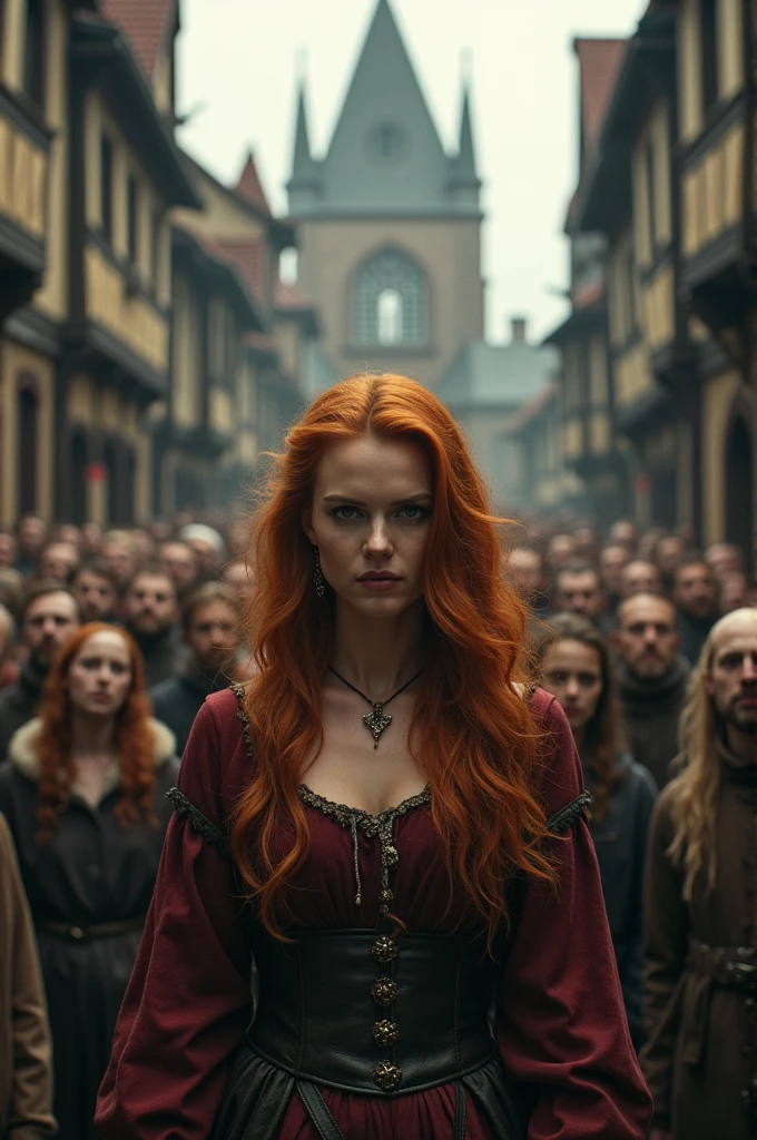 A woman with bright brown hair is executed in front of a large public in 16 century.
