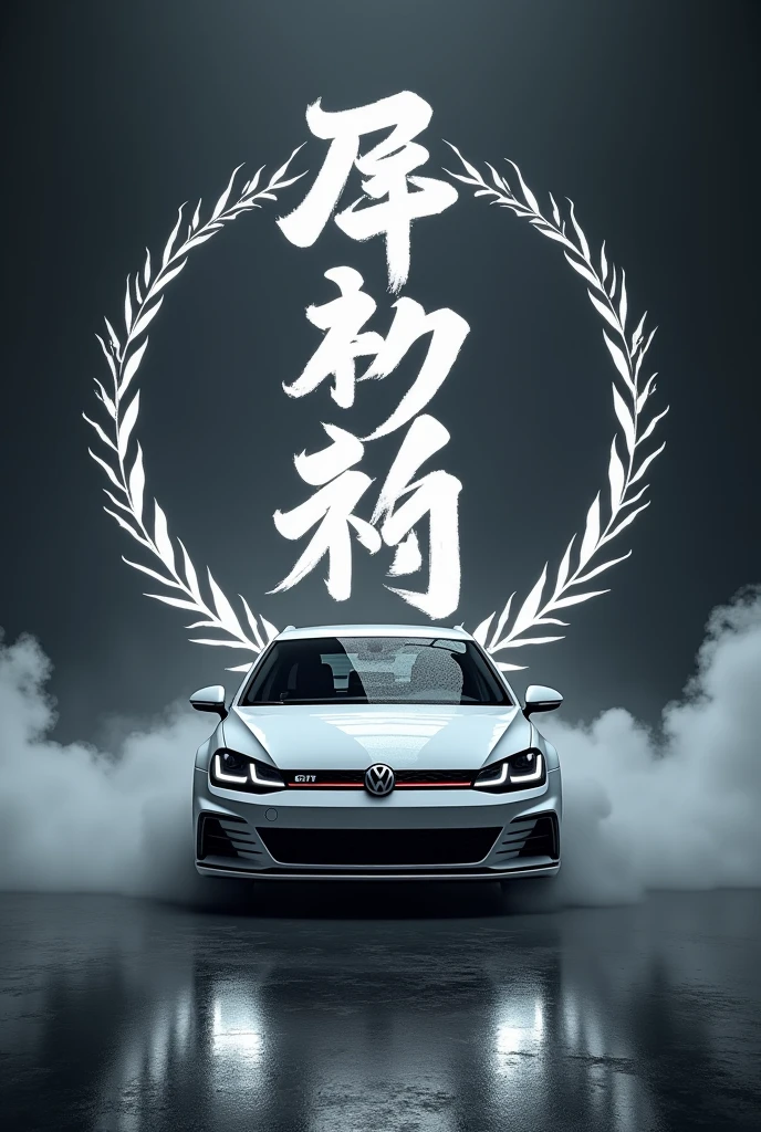 White calligraphy "MINGKAK" with a black crown ring, white volkswagen white gti, dark gray background. 4K, photoshot, vogue, Cinematic, 3d render and smoke is coming from the car, crossing out, vogue, アニメ, painting, Cinematic, typography, 3d render, posters, photoshot, product, illustration, enthusiastic