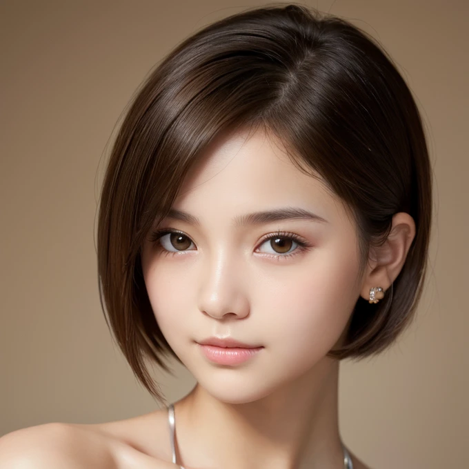 Highest quality, Face Focus, Soft Light, Ultra-high resolution, (Realistic:1.4), RAW Photos, Teenage Girls, alone, cute, (A shy smile:0.5), (Brown eyes, light in your eyes), Beautiful face in every detail, (Small Box),(High resolution detail of human skin texture), (Short Bob Hair) Simple hairpin Facing forward