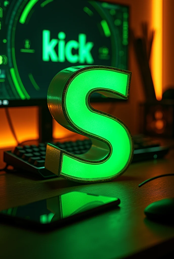 I want the letter S to be green with a black border. I also want it to have a gamer setup and for the screen to have the image with the word kick in green and the background to be completely black and for the screen to be even on its side and I want it to be warm behind the letter above it to take up eighty percent of the image and I want the background to be green with gold and black. I want you to name it sangs._c below the ky that the name is filled in green and bordered with black and has a golden shadow and you put 8.pmI also want him to have a cell phone as if he were entering the kick application
