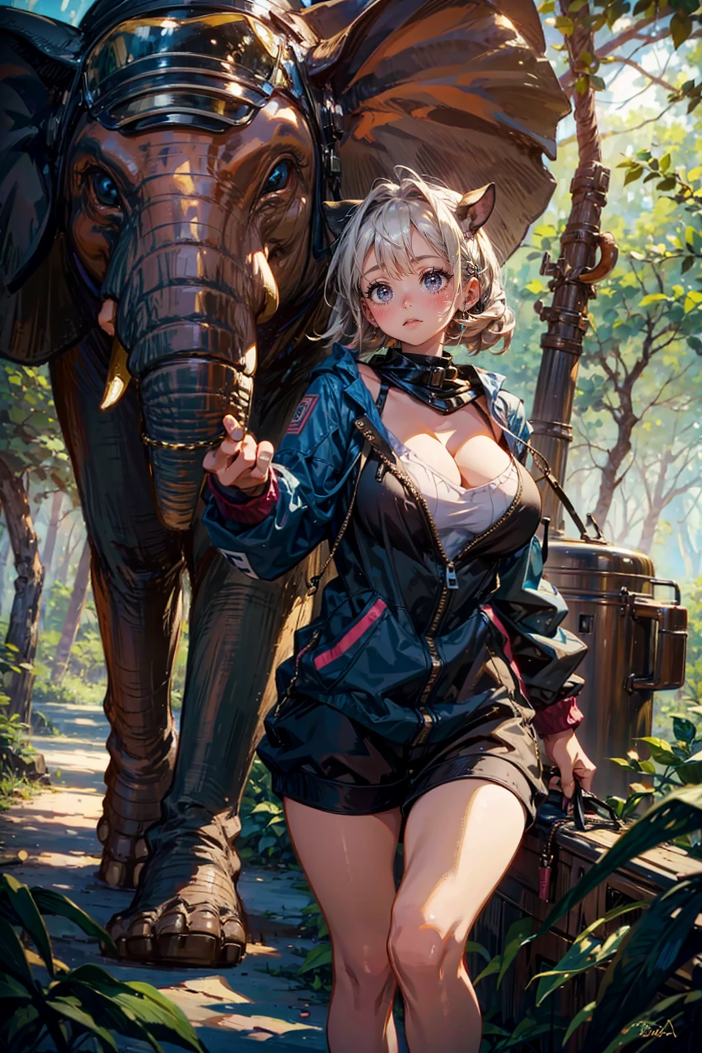 1girl and 1elephant,cute,bigbreast,cleavage,wild girl,wild elephant,in forest,nature,desert,