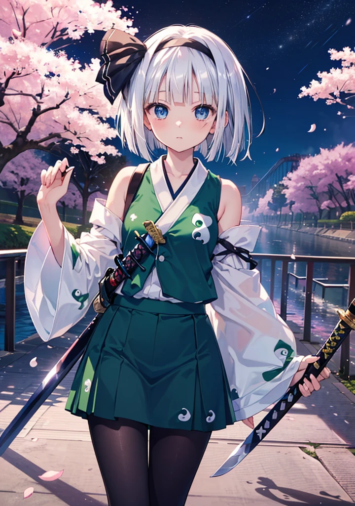 ((((Awakening)))),(((Highest quality))),((((Aura overflowing)))),(shape),(Dynamic Angle), ((Oriental Project)),((Disheveled Hair)), (((A slim body))),(((Use your sword skills))), ((Wearing black tights)), (((View from the front))),((Beautifully detailed body)),((Shoulders are exposed)),(((Mysterious and sparkling blue eyes)))Gray Hair,((long hair with stripes)), Beautiful attention to detail,(Gradient color eyes),(((Delicate eyes))), (((background))),(((High saturation))),(((konpaku youmu))),(((In front of the cherry blossoms at night))