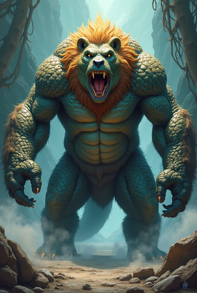 This majestic creature has the head of a crocodile, adorned with an imposing lion&#39;s mane, and a robust body that mixes the scaly texture of the crocodile with the powerful musculature of a bear.. He has four arms like a gorilla Anime style drawing  estilo anime japonés , que tenga 4 brazos 

