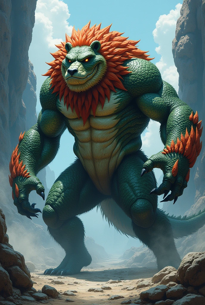 This majestic creature has the head of a crocodile, adorned with an imposing lion's mane, and a robust body that mixes the scaly texture of the crocodile with the powerful musculature of a bear.. He has four arms like a gorilla Anime style drawing estilo anime japonés
Agrega 2 brazos extra a la criatura