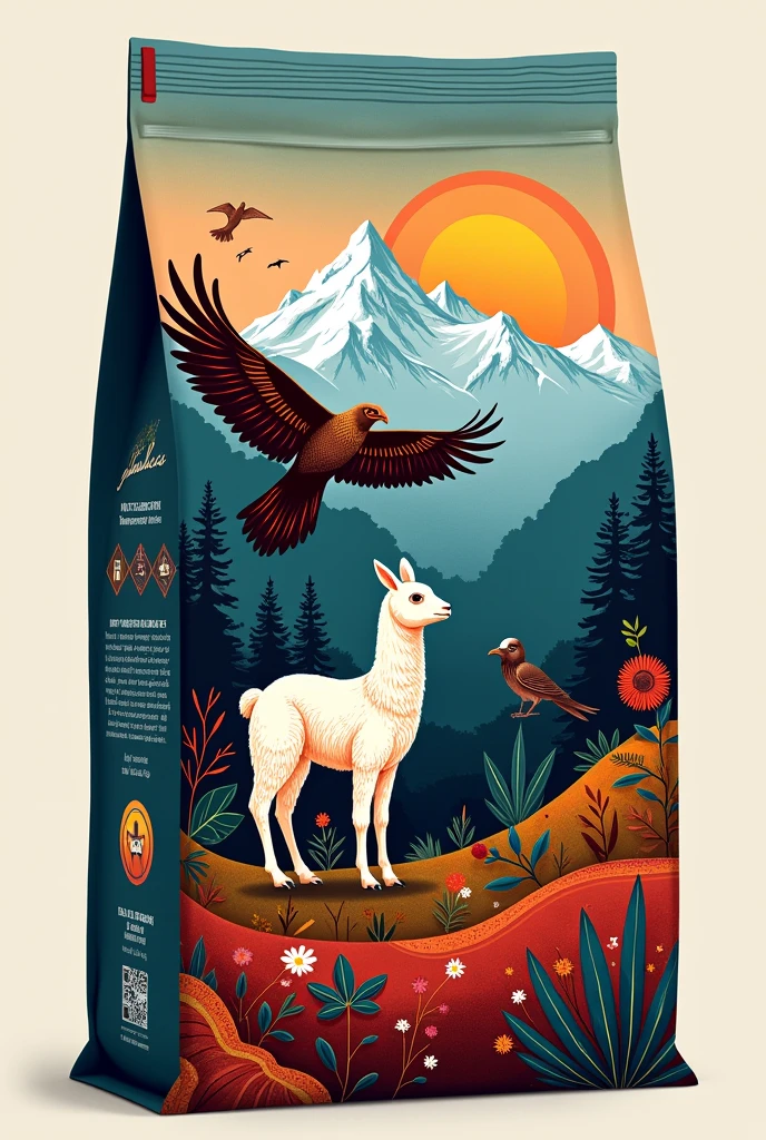 I want you to create a design for a 250g coffee bag, I want it to reflect Peruvian culture 100%%, I want it to reflect the nature and beauty of the country, that a client sees the design and says wow I want that product, that reflects typical souls, like the alpaca the condor, etc