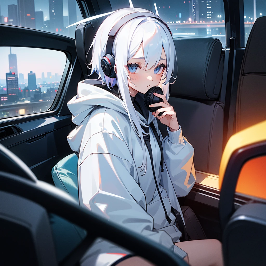 A girl with white hair and around middle school age was wearing a hoodie.、With headphones on、The girl is sitting in the back seat on the right side of a dark car、You can see a window in the distance and a beautiful city night view in the distance.、The girl's body is facing at a right angle to the viewpoint、The girl has her eyes closed、Sleeping with head slightly tilted downwards、The viewpoint is from the left rear seat toward the night view behind the girl.