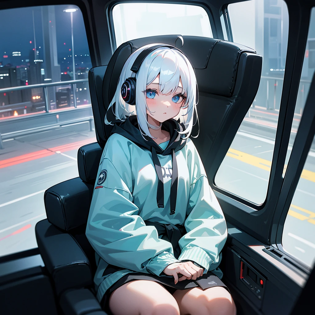 A girl with white hair and around middle school age was wearing a hoodie.、With headphones on、The girl is sitting in the back seat on the right side of a dark car、You can see a window in the distance and a beautiful city night view in the distance.、The girl&#39;s body is facing at a right angle to the viewpoint、The girl has her eyes closed、Sleeping with head slightly tilted downwards、The viewpoint is from the left rear seat toward the night view behind the girl.