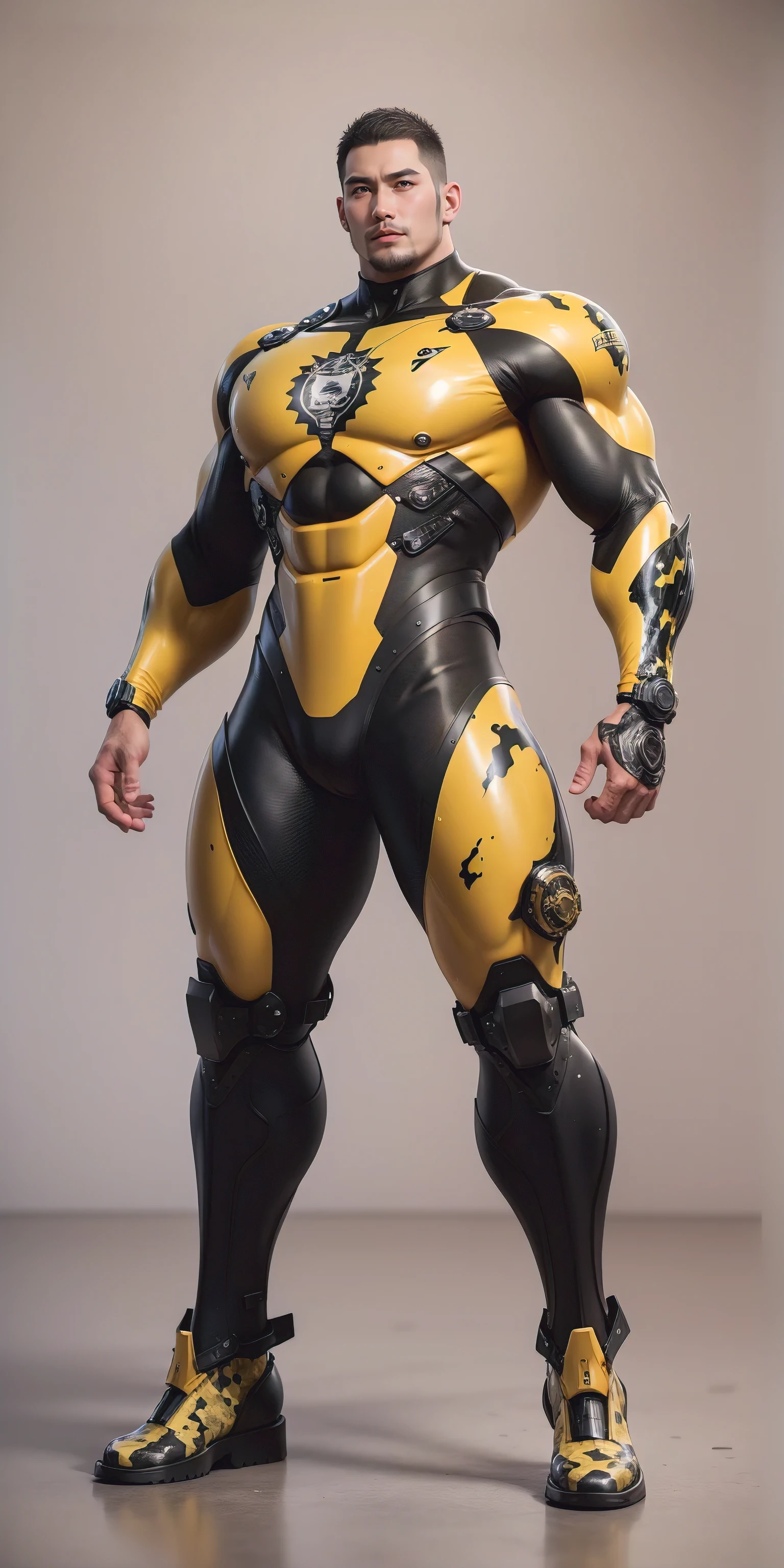Tall giant muscular police officer,Very long legs,Yellow and black camouflage patterned nano mecha,Honeycomb pattern,Lightweight texture,Exquisite belt,Character Concept(Resident Evil - Chris Redfield,Chris Redfield)senior police officer,Small grid texture,Regular symmetrical texture pattern,Sad expression,Deep and charming eyes,Standing in a bright mechanical laboratory,Emerald Eyes Hero,Heroic male pose,Tall burly,muscular!Attractive leg muscles,High target, Burly, Heqiang, Super Buff and Coolness, High Resolution Committee, Bigfoot yellow-gray ultra-thin nano-mechanical boots,Charismatic strongman,The bright sunshine shines on you,Matte particles,Shiny texture