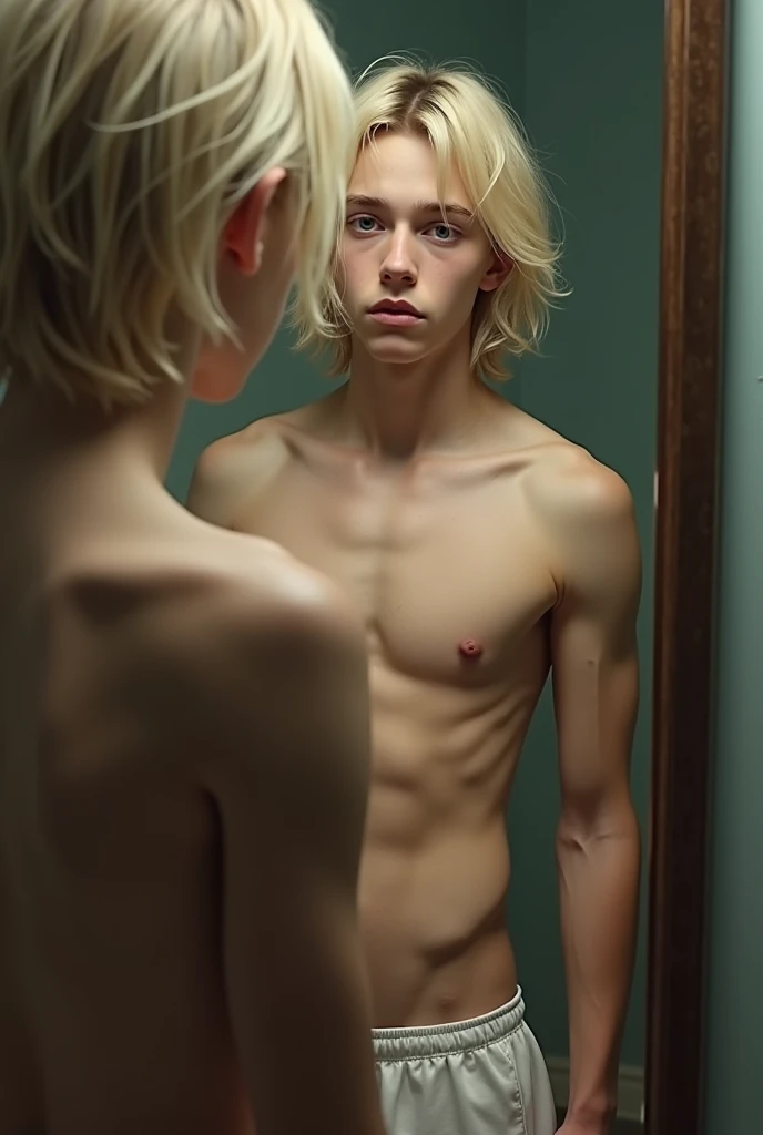 Create the image of a boy with blond hair androgynous face and body topless with large breasts of a woman wearing sleep shorts looking at herself in a mirror with a sad face