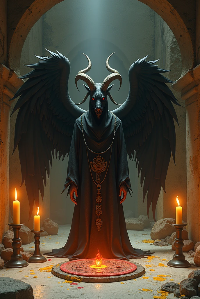 The colors of alchemy. blackw, offwhite, yellow and red in a baphomet ritual with two candles