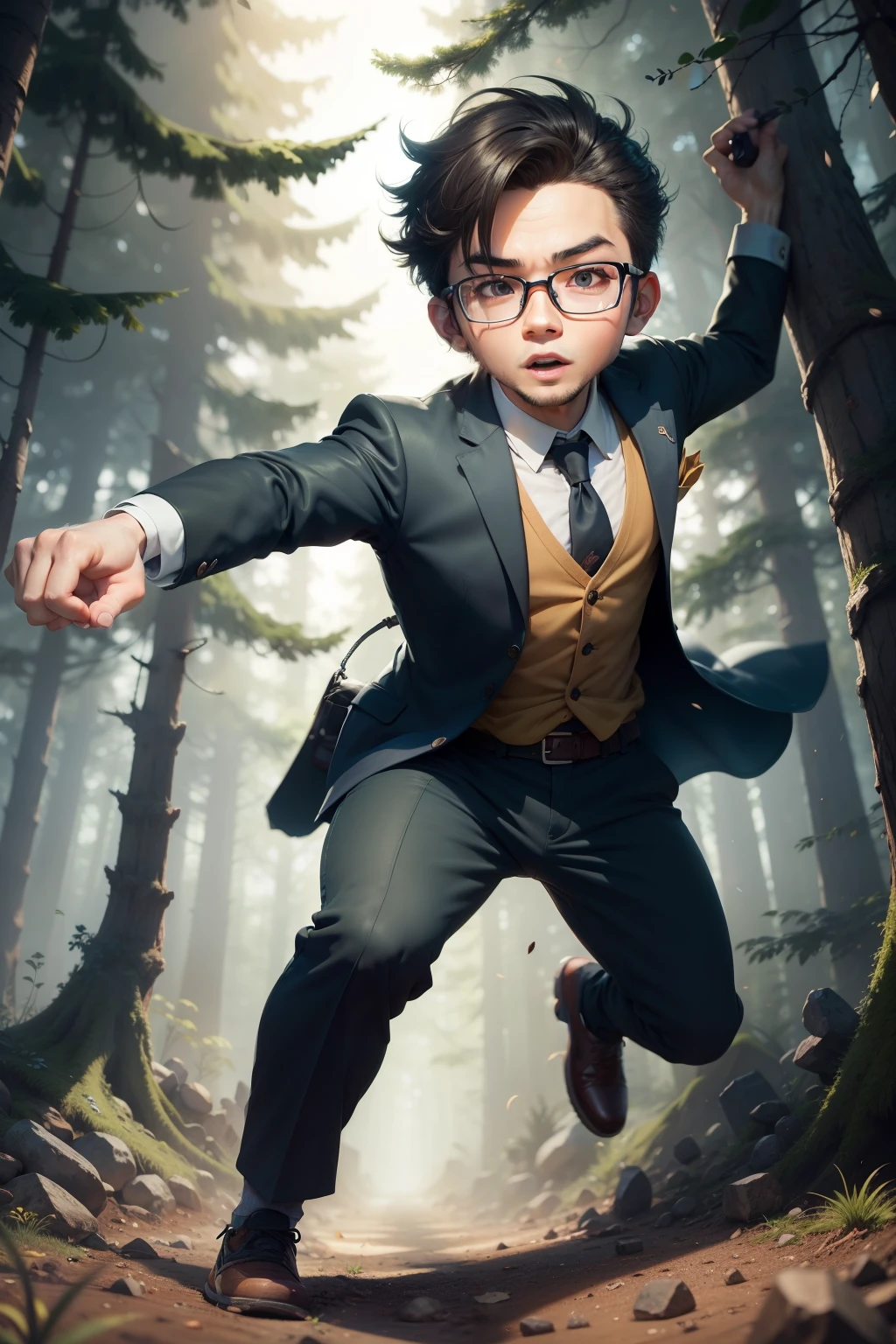 Masterpiece artwork, man with glasses, Nerd, studio illumination, style cartoon, chibi, sprinting, forest background, highy detailed