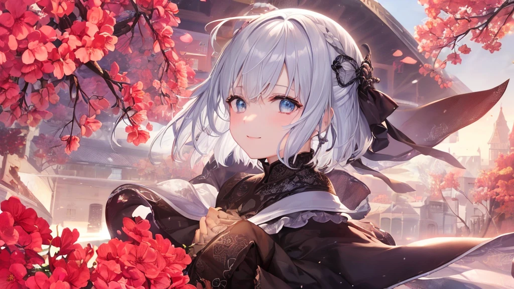Ultra HD,Look at the viewers, Place your hands behind your back, With a girl, 20-year-old, 非常にshort hair, Long bangs between the eyes, Pale blue eyes, Very detailed,(masterpiece、Highest quality),Gray Hair、Laughter、wonderful, Silver Hair, iris, short hair、 Fluttering Hair、Small face、明るいsmile、(Detailed face) ,Professional Lighting,wonderful風景,blue sky, sunlight,Looking down from above,Portraiture、Open your mouth、Flower Field、Her eyes were shining、Mysterious and enchanting atmosphere。With AI Painting、とてもshort hair, Long bangs between the eyes, Very detailed,(masterpiece、Highest quality)、alone、Gray Hair、Fantasy, Silver Hair, Fantasyな風景、smile、Open your mouth、short hair、short hair、hairpin、black eye、Grey Eyes、Beautiful Eyes、Black Shirt、White hoodie、Hold the sword