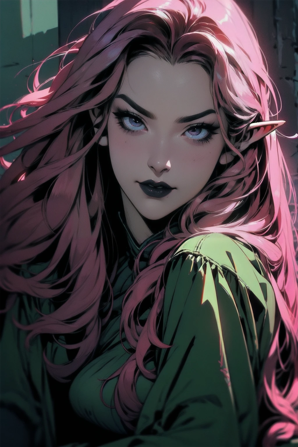 hyper-realistic of a mysterious woman with long magenta hair, ears of elf, piercing gray eyes, and a black lipstick, angry smile, upper body, dinamic poses, sitting, backwards, looking back