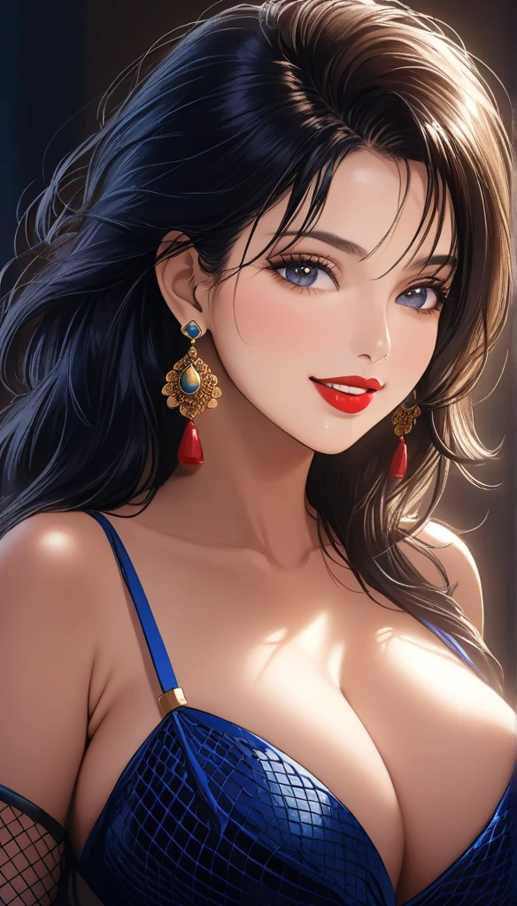 A beautiful mature woman in fishnet saree, intricate jhumka earrings, detailed alluring eyes, smooth lips, smiling, red lipstick, bangles, blue ribbon, saggy breasts, photorealistic, 8k, high quality, masterpiece, cinematic lighting, vibrant colors, intricate details, messy hair
