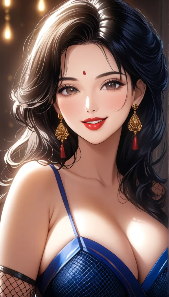 A beautiful mature woman in fishnet saree, intricate jhumka earrings, detailed alluring eyes, smooth lips, smiling, red lipstick, bangles, blue ribbon, saggy breasts, photorealistic, 8k, high quality, masterpiece, cinematic lighting, vibrant colors, intricate details, messy hair