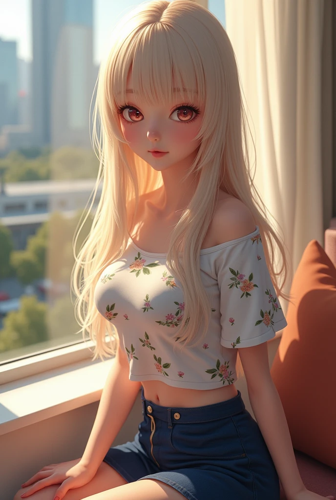 ((電車の座席にSitting女の子)),Bright expression、Younger, brighter, whiter skin、Best Look Rondo Reflective Light、Platinum blonde hair with dazzling highlights、Shiny bright hair,、Super long, silky straight hair、Shiny beautiful bangs、輝く透明な魅力的な大きな青いeye、A very beautiful, lovely and cute 16 year old girl、Ample breasts,美しい細部までこだわったeye, Beautifully detailed nose,(( whole body:1.5)),eye元を強調するメイク、Royal Style,Comic book style, , Scattered beneath the surface, Glamorous decoration, Nature background, Super huge breasts, ((Cinematic)), Dramatic lighting, Tabletop、((Off-shoulder T-shirt with floral print on white:1.4))、(Loose and fluffy perm:1.4)、One Girl、((Bob Hair:1.3))、Ultra-realistic 8K CG, perfectionな顔, perfection, clean, Tabletop, Professional artwork, Famous works of art, perfectionな顔, Beautiful Face, 美しいeye, ((perfectionな女性の体)), alone,(Immersive atmosphere, Chiaroscuro:1.5,Bright light:1.2,Bright lighting),(blush:0.5),A captivated look,Very detailed_eye,Thick thighs,big,Beautifully detailed backgrounds,Depth of written boundary,Realistic:1.3, Long Shot,Sitting, whole body, (Ambient Light:1.3),(Cinematic composition:1.3),(Neon Light:0.1),(Hmph:0.1),Accent lighting, pantyhose,((Out of the window, Blurred skyscrapers))、((erection))、(腫れぼったいeye:1.2)、 (Slim legs),(Light on face and chest)、(((((Underbust)))))、Lower Breast、Oily skin、skinny、 (the underside of the chest is slightly visible),(The underboob is visible、I can see your belly button and ribs)、The hips and lower abdomen are visible、Dark blue flared skirt、(Lift up your skirt),((White thong panties are visible)),