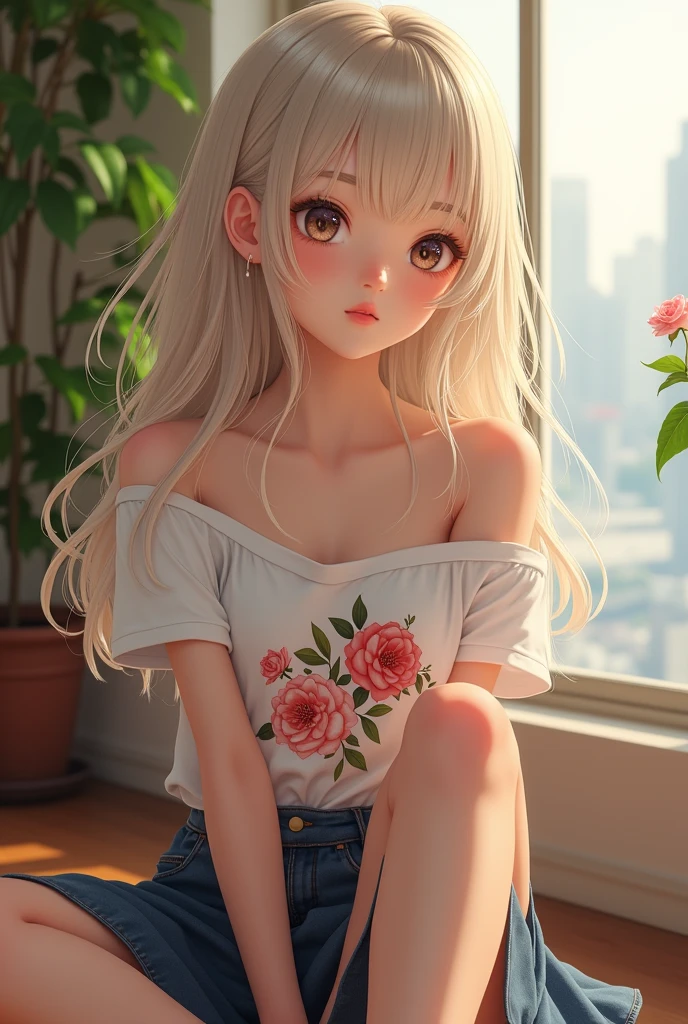 ((電車の座席にSitting女の子)),Bright expression、Younger, brighter, whiter skin、Best Look Rondo Reflective Light、Platinum blonde hair with dazzling highlights、Shiny bright hair,、Super long, silky straight hair、Shiny beautiful bangs、輝く透明な魅力的な大きな青いeye、A very beautiful, lovely and cute girl、Ample breasts,美しい細部までこだわったeye, Beautifully detailed nose,(( whole body:1.5)),eye元を強調するメイク、Royal Style,Comic book style, , Scattered beneath the surface, Glamorous decoration, Nature background, Super huge breasts, ((Cinematic)), Dramatic lighting, Tabletop、((Off-shoulder T-shirt with floral print on white:1.4))、(Loose and fluffy perm:1.4)、One Girl、((Bob Hair:1.3))、Ultra-realistic 8K CG, perfectionな顔, perfection, clean, Tabletop, Professional artwork, Famous works of art, perfectionな顔, Beautiful Face, 美しいeye, ((perfectionな女性の体)), alone,(Immersive atmosphere, Chiaroscuro:1.5,Bright light:1.2,Bright lighting),(blush:0.5),A captivated look,Very detailed_eye,Thick thighs,big,Beautifully detailed backgrounds,Depth of written boundary,Realistic:1.3, Long Shot,Sitting, whole body, (Ambient Light:1.3),(Cinematic composition:1.3),(Neon Light:0.1),(Hmph:0.1),Accent lighting, pantyhose,((Out of the window, Blurred skyscrapers))、((erection))、(腫れぼったいeye:1.2)、 (Slim legs),(Light on face and chest)、(((((Underbust)))))、Lower Breast、Oily skin、skinny、 (the underside of the chest is slightly visible),(The underboob is visible、I can see your belly button and ribs)、The hips and lower abdomen are visible、Dark blue flared skirt、(Lift up your skirt),((White thong panties are visible)),