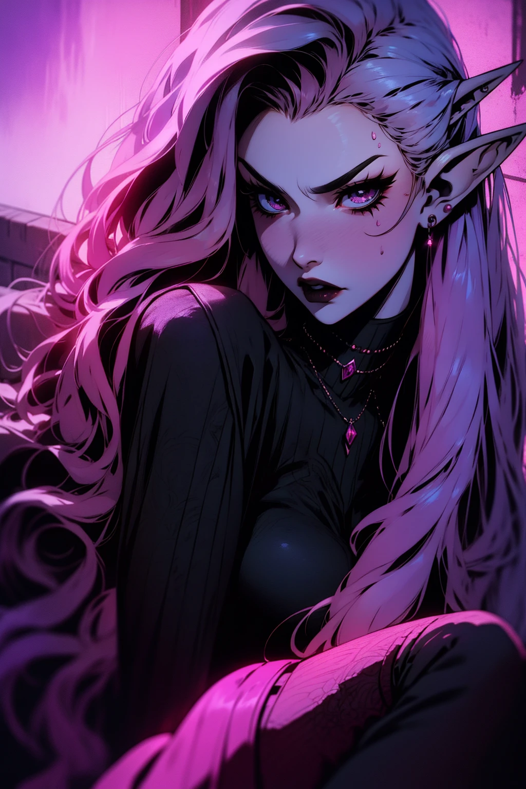 hyper-realistic of a mysterious woman with long magenta hair, ears of elf, piercing gray eyes, and a black lipstick, angry face, upper body, dinamic poses, sitting, backwards, looking back