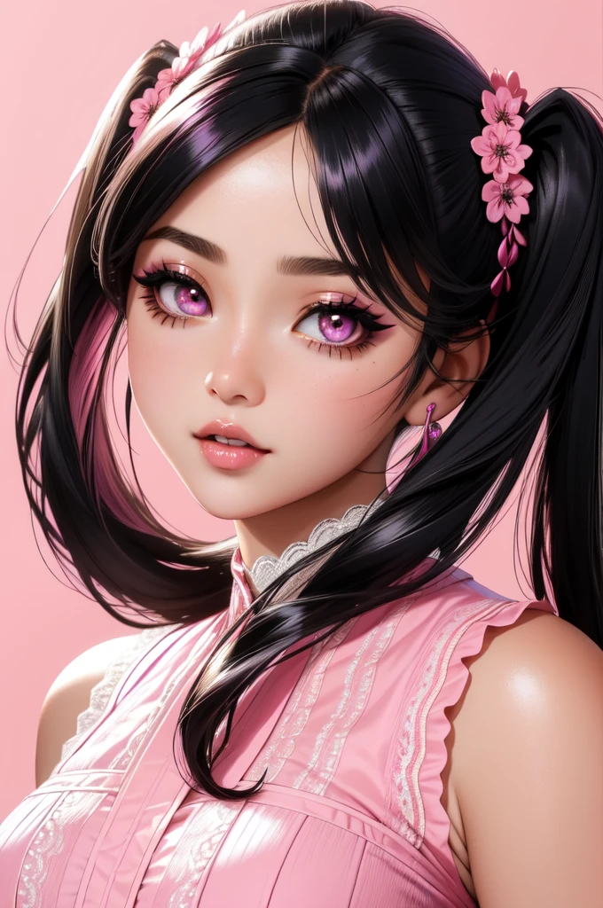1 woman.(ultradetailed:1.4).bustshot.(photorealstic face).sleeveless.16K. lace school costume.bestquality.musterpiece.black twintail hair.pink eyes.beigeeyeshadow.beigeeyeliner. pink background.