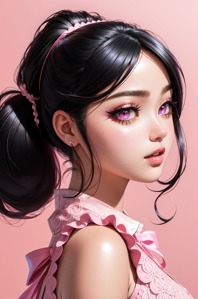1 woman.(ultradetailed:1.4).bustshot.(photorealstic face).sleeveless.16K. lace school costume.bestquality.musterpiece.black  twintail hair.pink eyes.beigeeyeshadow.beigeeyeliner. pink background.