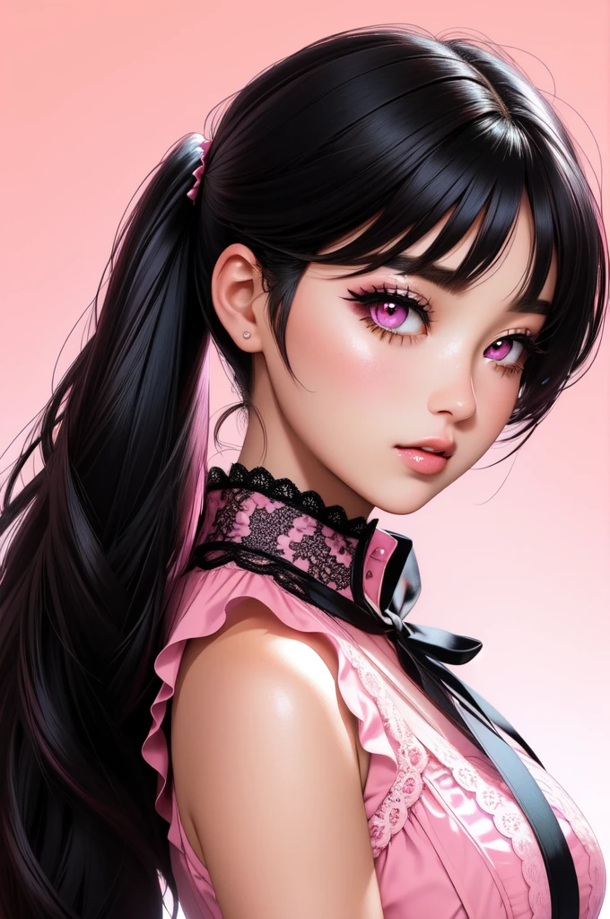 1 woman.(ultradetailed:1.4).bustshot.(photorealstic face).sleeveless.16K. lace school costume.bestquality.musterpiece.black twintail hair.pink eyes.beigeeyeshadow.beigeeyeliner. pink background.