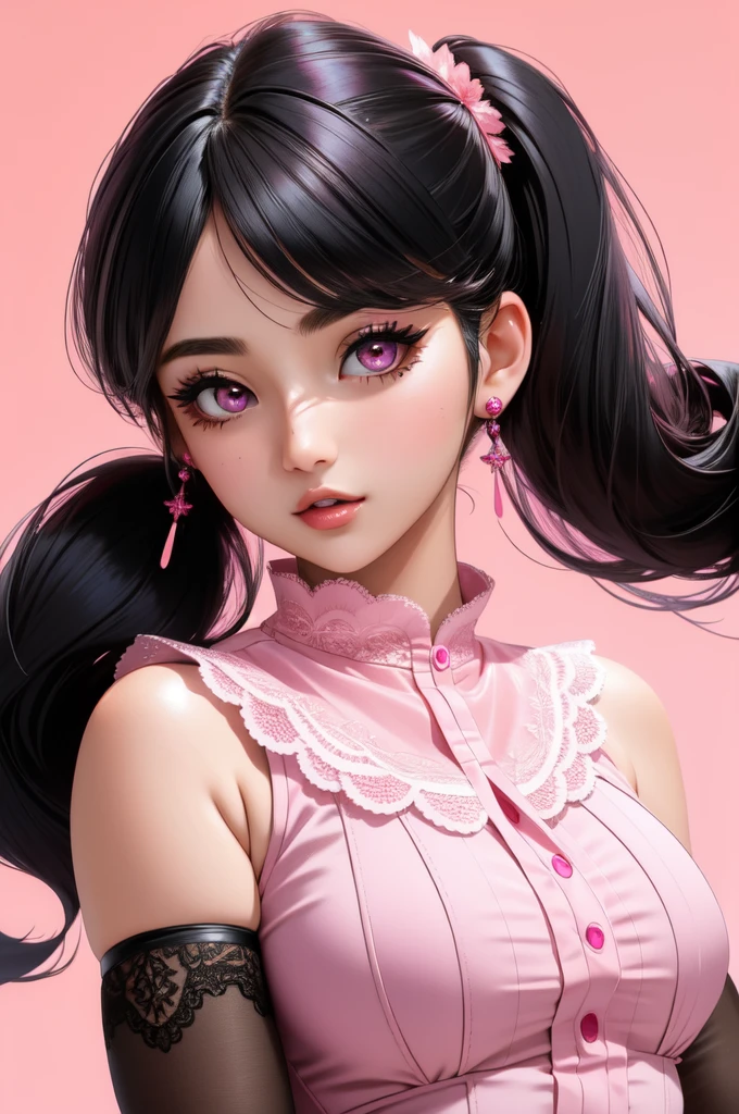 1 woman.(ultradetailed:1.4).bustshot.(photorealstic face).sleeveless.16K. lace school costume.bestquality.musterpiece.black  twintail hair.pink eyes.beigeeyeshadow.beigeeyeliner. pink background.