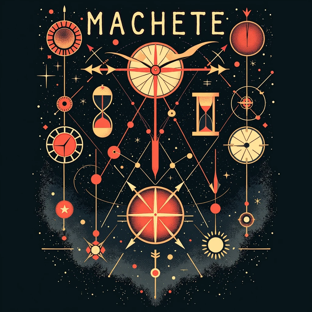 Cover for a rock band with a headline that says "machete".
Use a minimalist and abstract illustration style, with many different figures that refer to time.
Do not use humans or anthropomorphic figures.
