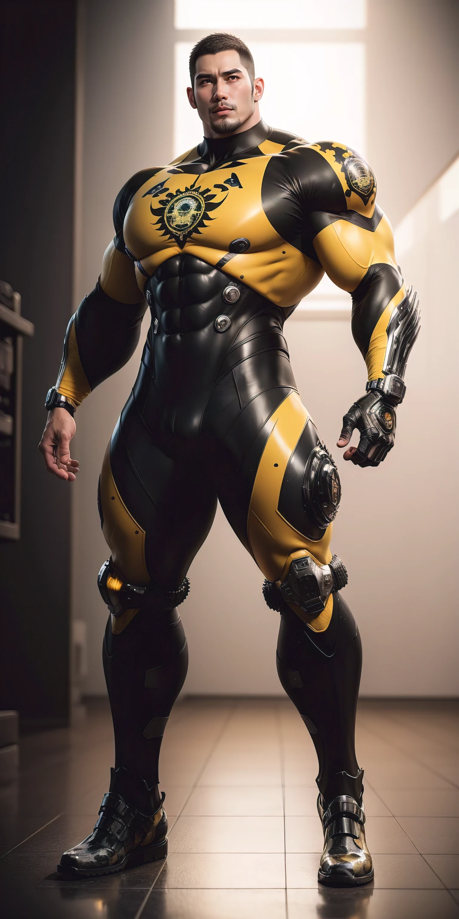 Tall giant muscular police officer，Yellow and black camouflage patterned nano mecha，Honeycomb pattern，Lightweight texture，Character Concept（Resident Evil - Chris Redfield，Chris Redfield）senior police officer，Small grid texture，Regular symmetrical texture pattern，Sad expression，Deep and charming eyes，Standing in a bright mechanical laboratory，Emerald Eyes Hero，Heroic male pose，Tall burly，muscular！Attractive leg muscles，High target, Burly, Heqiang，  Super Buff and Coolness， High Resolution Committee， Bigfoot yellow-gray ultra-thin nano-mechanical boots，Charismatic strongman，The bright sunshine shines on you，Matte particles，Shiny texture